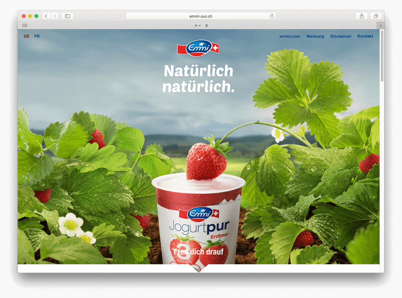 Startbildschirm der Emmi JogurtPurt Microsite